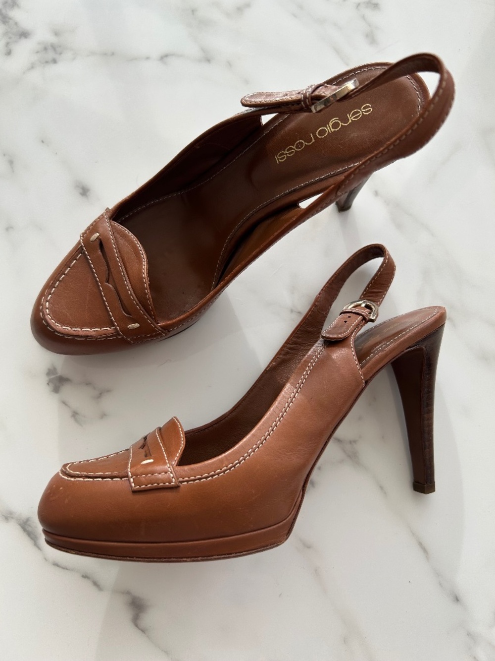 GORG! Sergio Rossi Brown Slingback Penny Loafer Heels Preppy 38 7.5